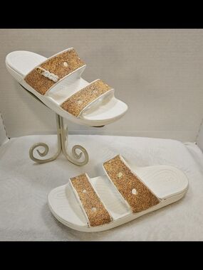 CROCS White Slides with Gold Glitter Double Straps